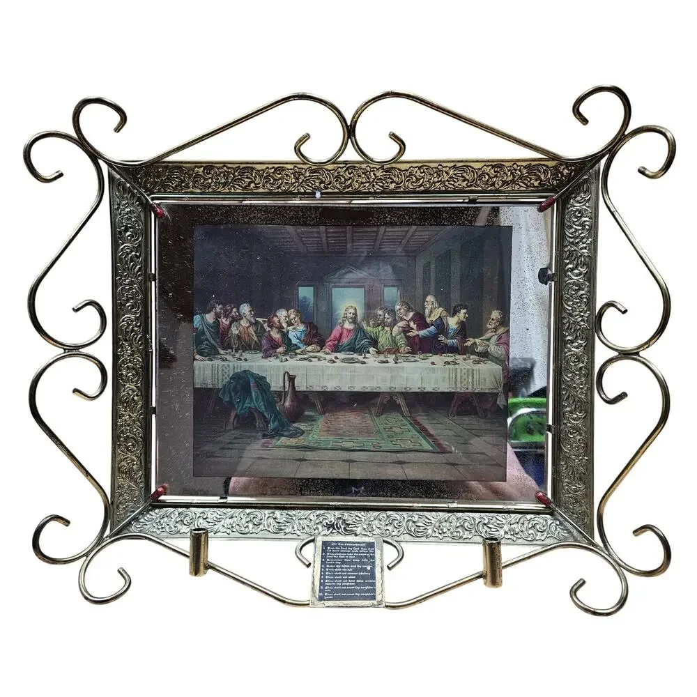 RARE Vintage Last Supper Mirror Frame 10 Commandments mini taper candle holders